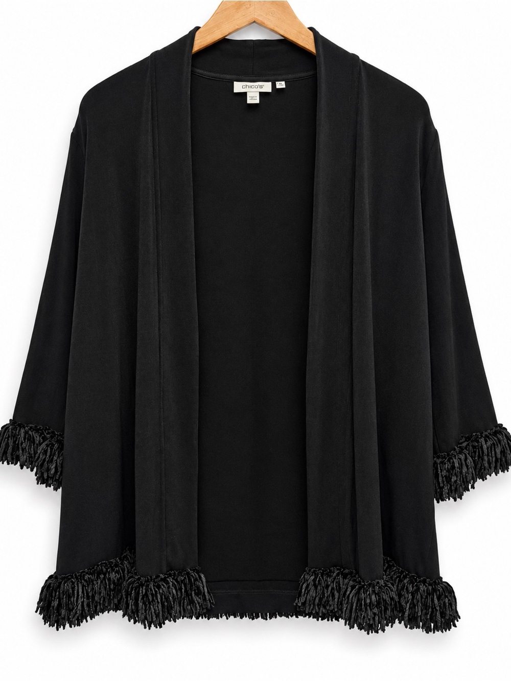 Chicos Travelers Collection Fringe Hem Black Open Front Jacket Size M